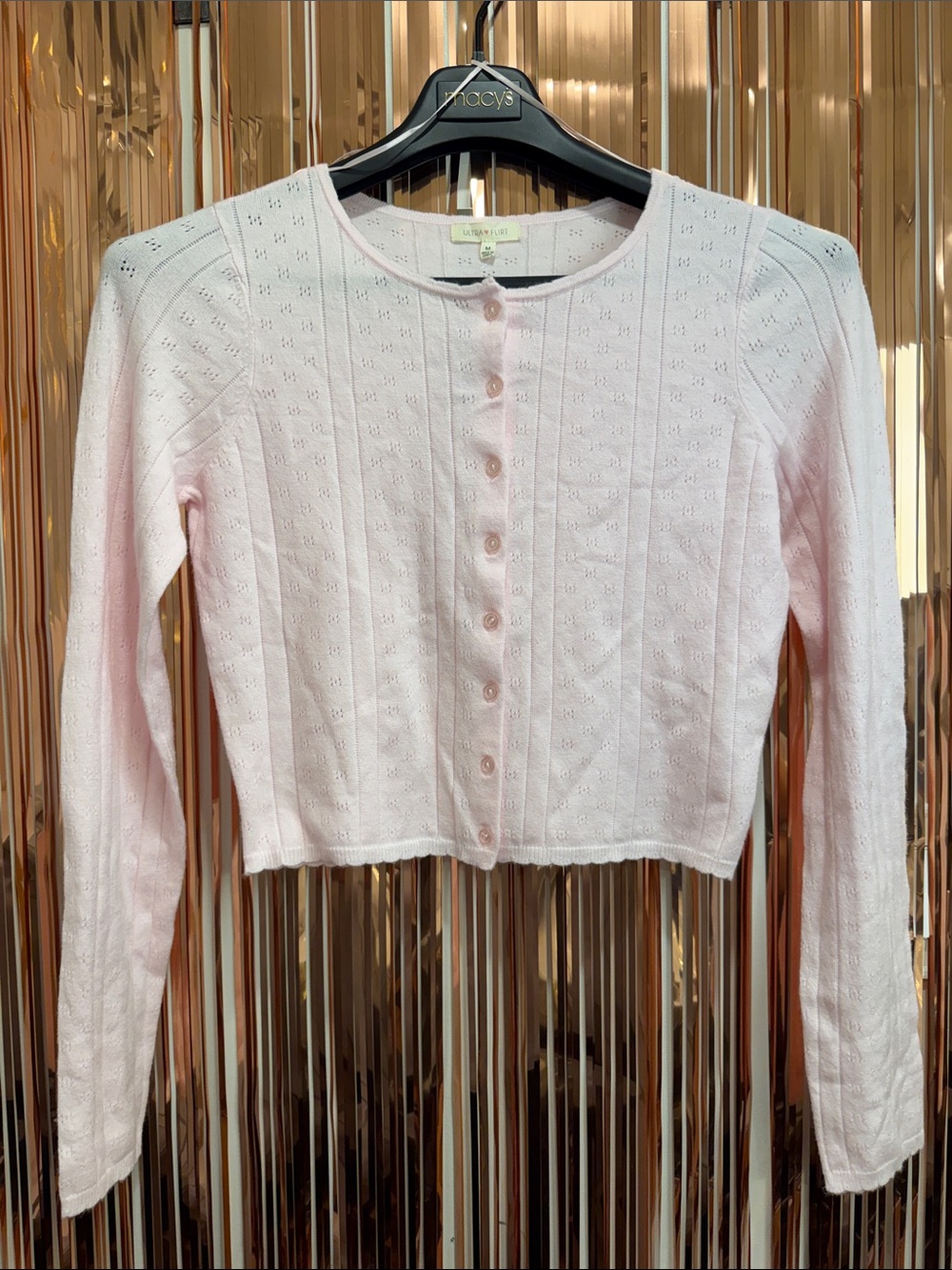 Ultra Flirt Soft Pink Eyelet Button-Up Cropped Cardigan NEW M